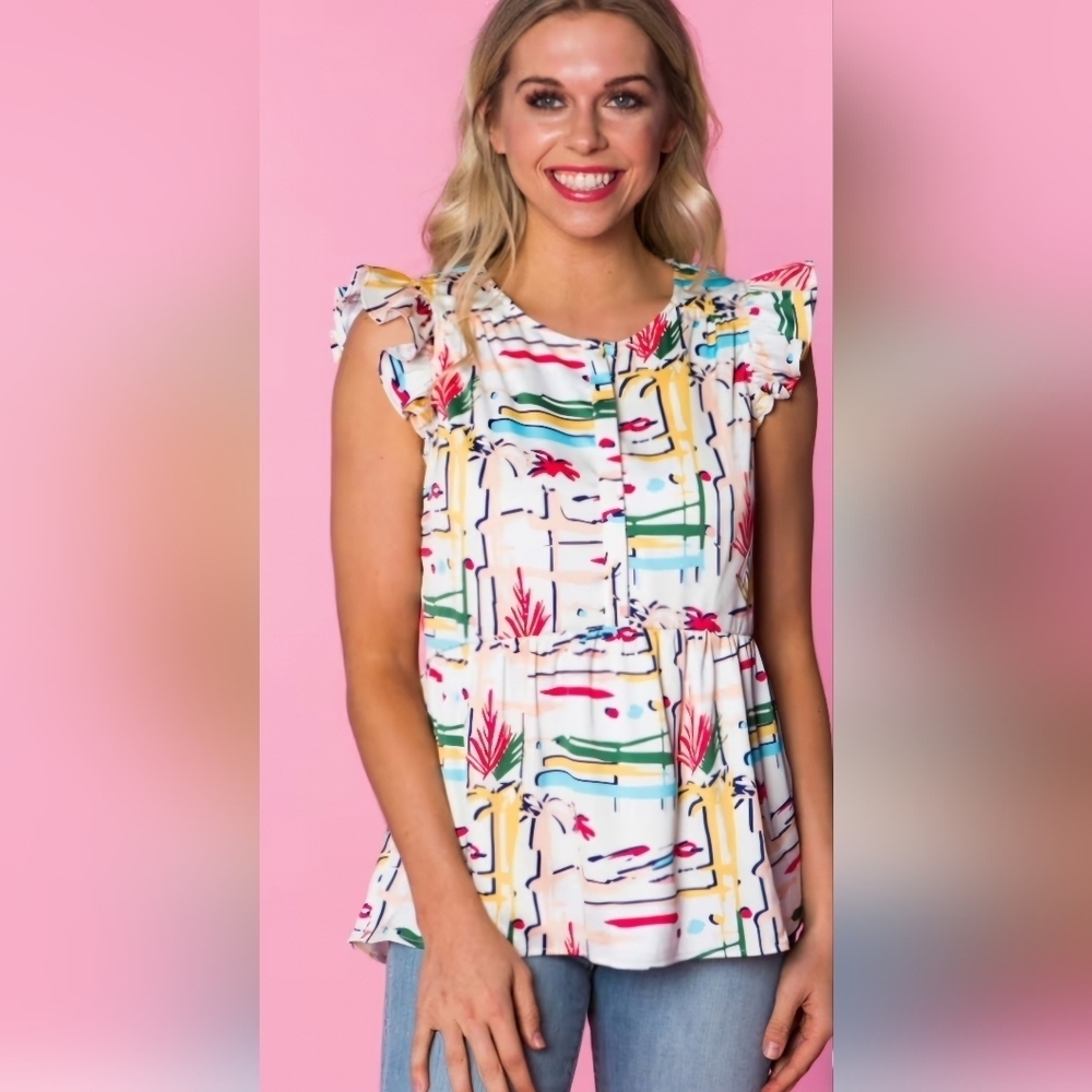 CROSBY By Mollie Burch Dori Ruffle Top In Cote D'Azur. Size XS NWOT